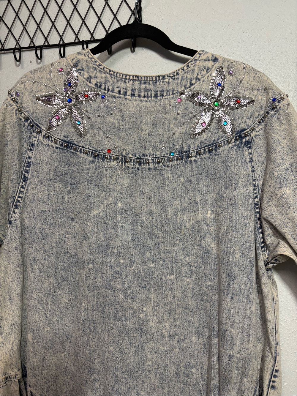 Embellished Acid-Wash Denim Dress in Light Blue